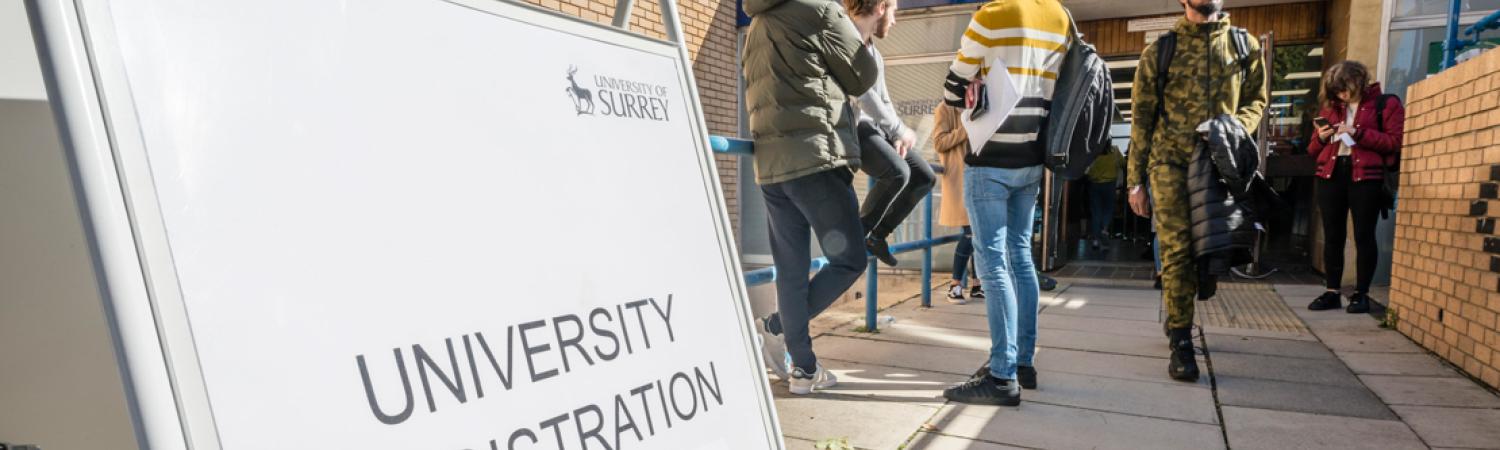 Main registration signage on Stag Hill campus