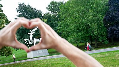 Heart hands in front of the stag statue